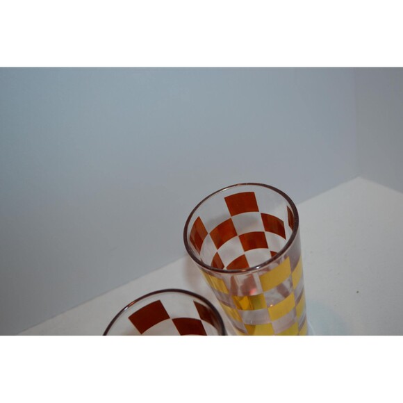 Vintage Tall Glasses 1950s Gold Checkerboard Set of Four Heavy - Picture 4 of 6